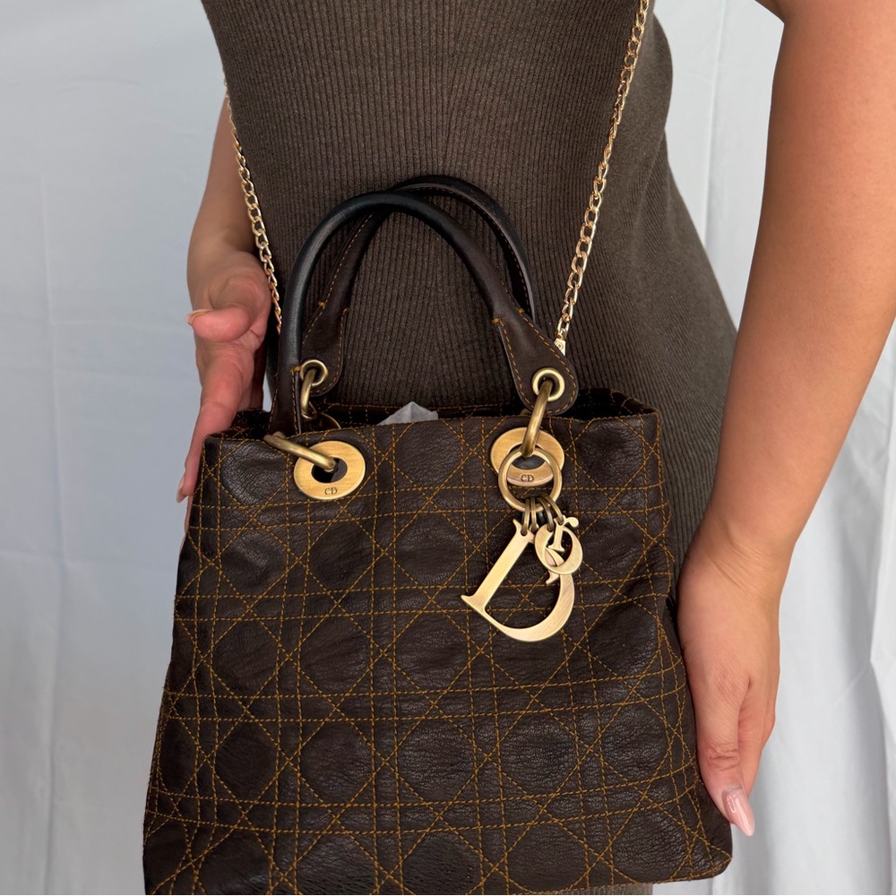 Rare Lady Dior Small Tote Bag in Constract Stitch Cannage Brown Leather - Picture 5 of 15